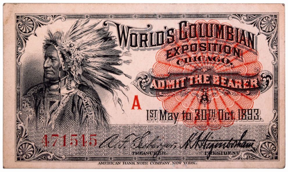 PHOTO: Native American Engraving, Ticket to World's Columbian Exposition, Chicago, Illinois, 1893. 