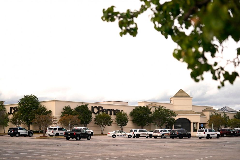 PHOTO: Authorities stage in a parking lot at Columbiana Centre mall in Columbia, S.C., following a shooting, April 16, 2022. 