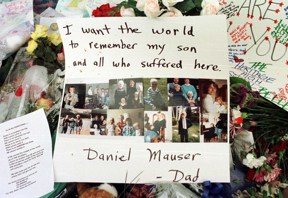 PHOTO: A tribute to Columbine High School shooting victim Daniel Mauser lies at the scene of a memorial to victims of the shooting, April 23, 1999.