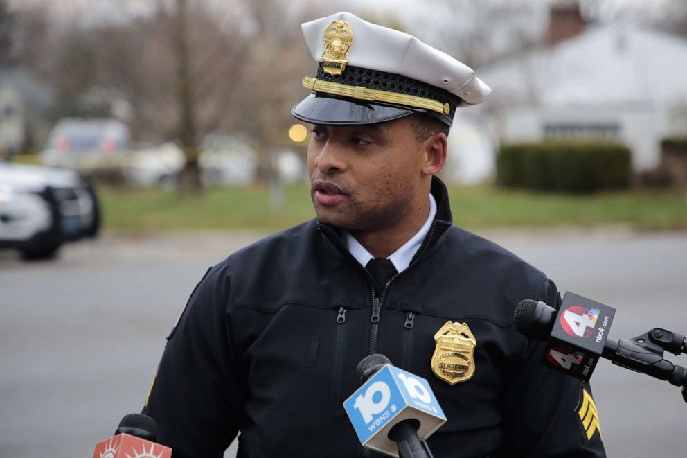 PHOTO: Columbus Division of Police Sgt. James Fuqua addresses members of the media at the scene of an officer-involved shooting, Dec. 22, 2020, in Columbus, Ohio. 