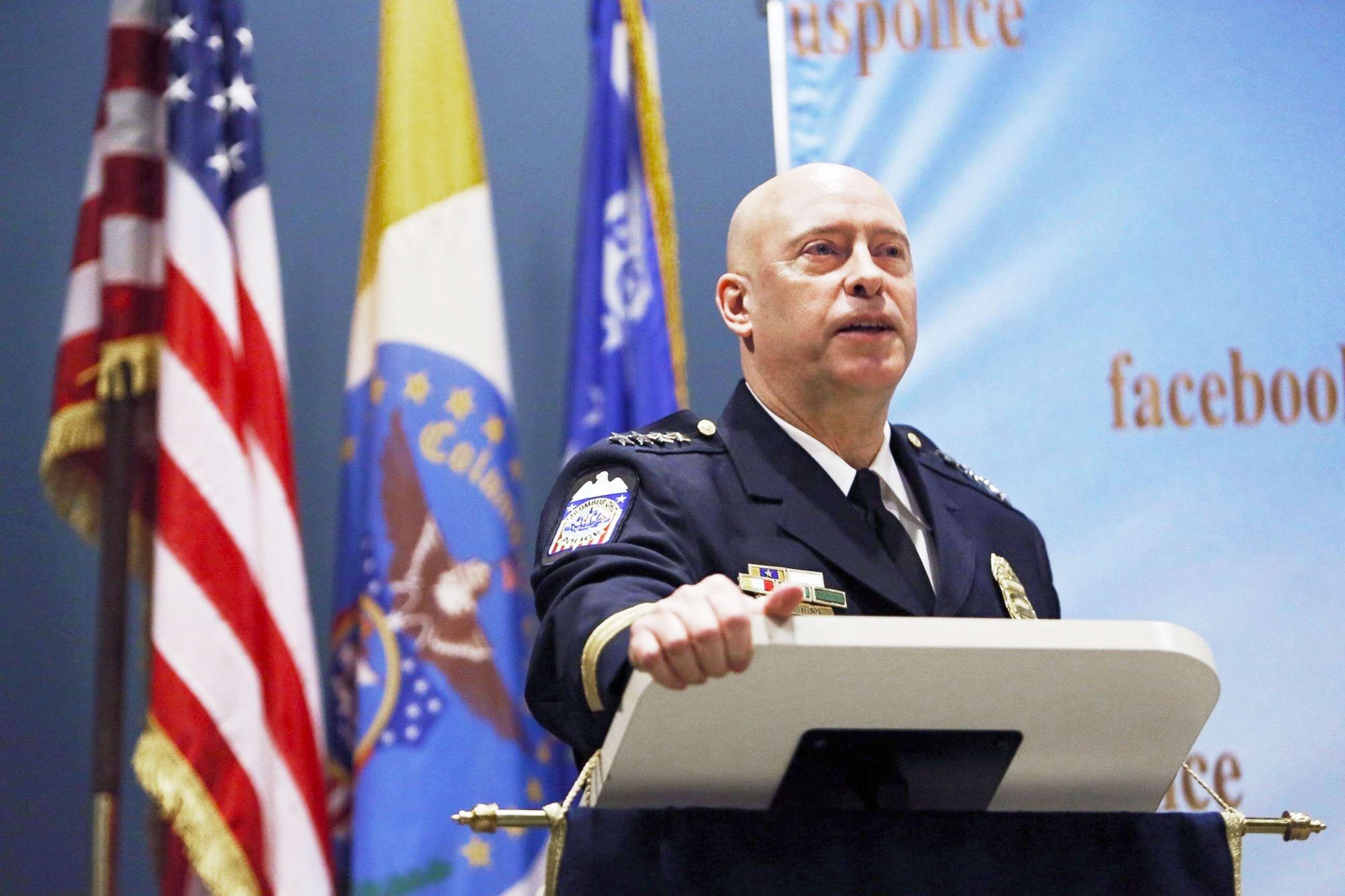 PHOTO: Interim Columbus Police Chief Thomas Quinlan talks to other members of the Columbus police force at police headquarters in Columbus, Ohio, Feb, 8, 2019.