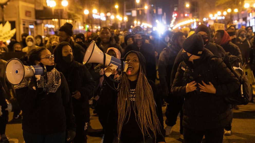 PHOTO: Black Lives Matter activists led by Hana Abdur-Rahim, a local organizer, march through downtown Columbus, Ohio, in reaction to the police shooting of Makiyah Bryant on April 20, 2021 in Columbus, Ohio.