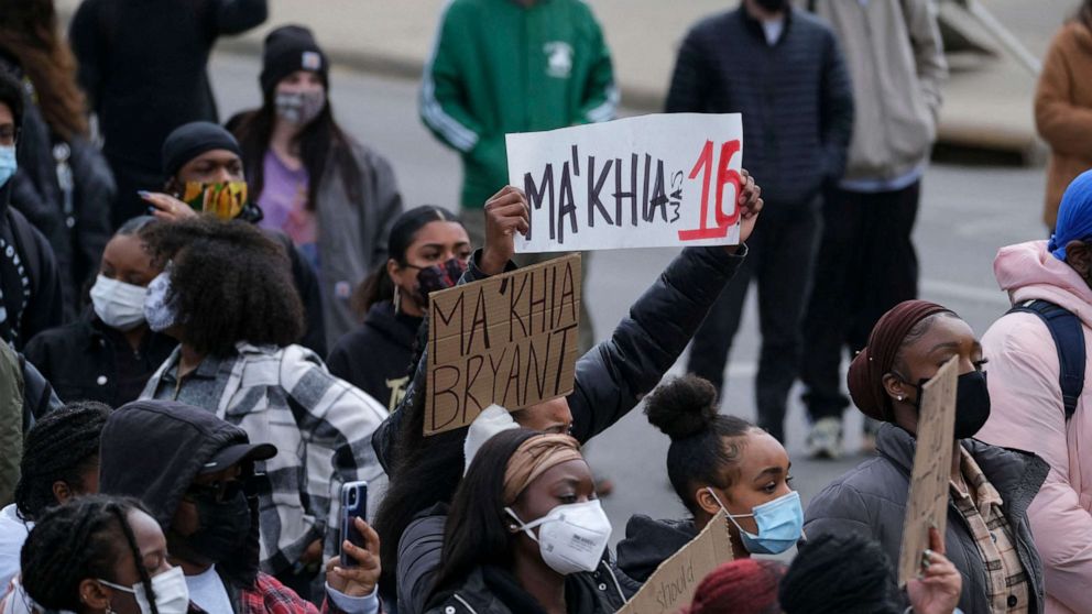PHOTO: Students and demonstrators march on the campus of The Ohio State University in Columbus, Ohio, on April 21, 2021, to protest the killing of Ma'Khia Bryant, 16, by the Columbus Police Department.