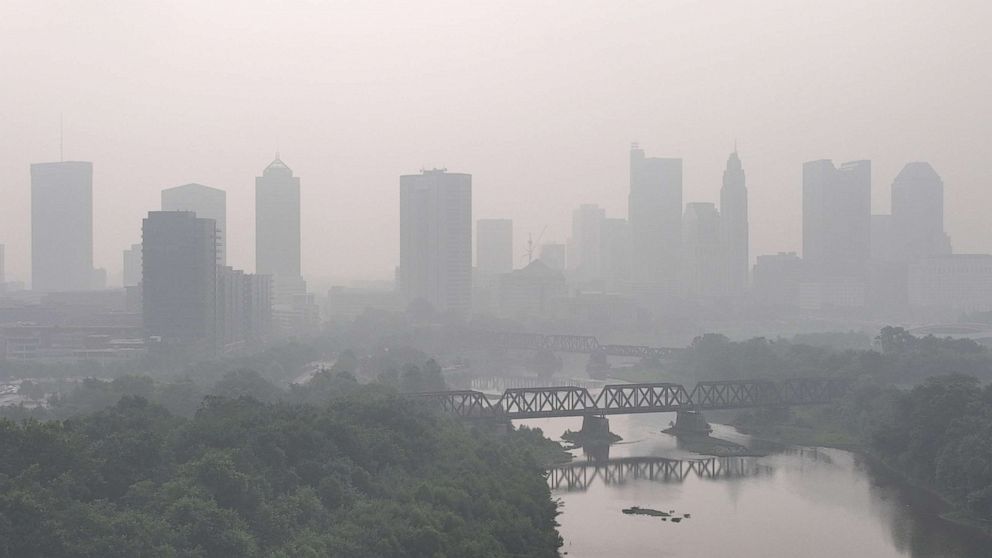 PHOTO: The downtown Columbus, Ohio, skyline as poor air quality is expected to continue in parts of the Midwest, Great Lakes and Upper Mississippi Valley thanks to the Canadian wildfires, according to the National Weather Service.