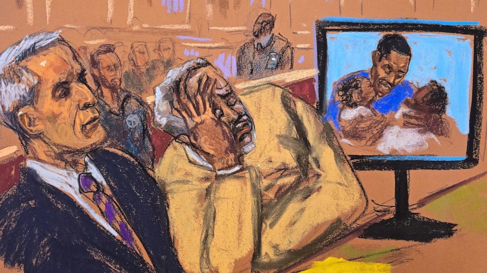 PHOTO: Sean "Diddy" Combs becomes emotional as his children as babies are shown on a screen during a court sentencing, in New York, Oct. 3, 2025, in this courtroom sketch. 