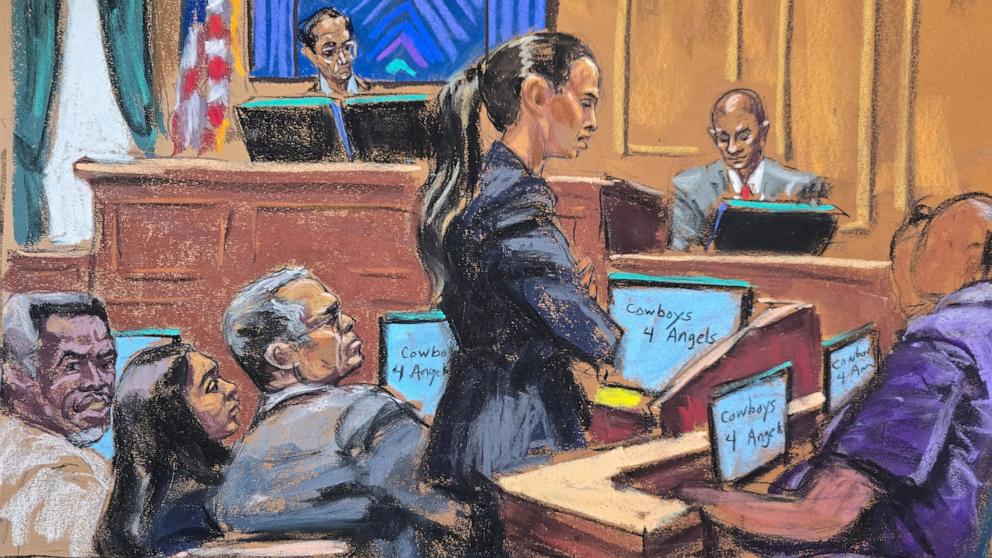 PHOTO: Defense lawyer Teny Geragos cross examines Joseph Cerciello as Sean "Diddy" Combs and his defense lawyers Nicole Westmoreland and Marc Agnifilo watch in New York City, June 23, 2025.