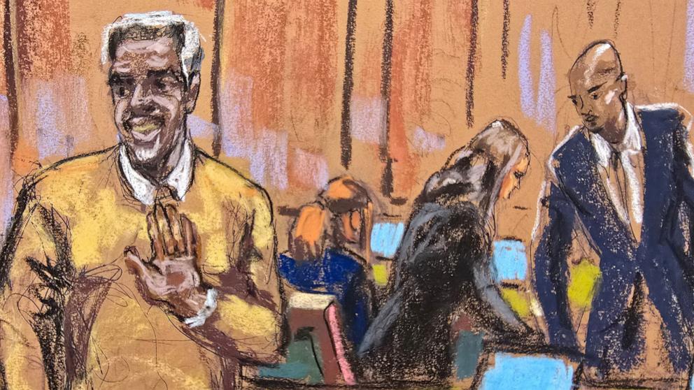 PHOTO: Sean "Diddy" Combs waves to supporters as he arrives with his defense lawyers during Combs' sex trafficking trial in New York City, June 24, 2025 in this courtroom sketch. 