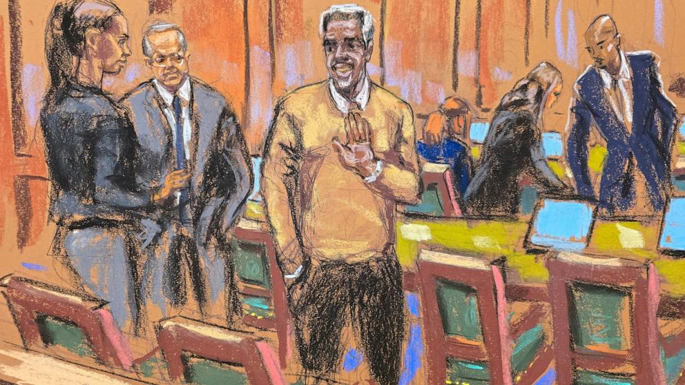 PHOTO: Sean "Diddy" Combs waves to supporters as he arrives with his defense lawyers during Combs' sex trafficking trial in New York City, June 24, 2025 in this courtroom sketch.