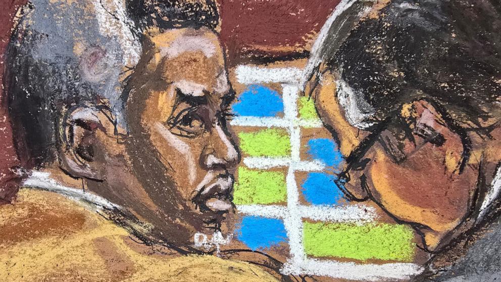 PHOTO: Sean "Diddy" Combs and his defense lawyer Marc Agnifilo watch as Joseph Cerciello is questioned by defense lawyer Teny Geragos during Combs' sex trafficking trial in New York City, June 24, 2025