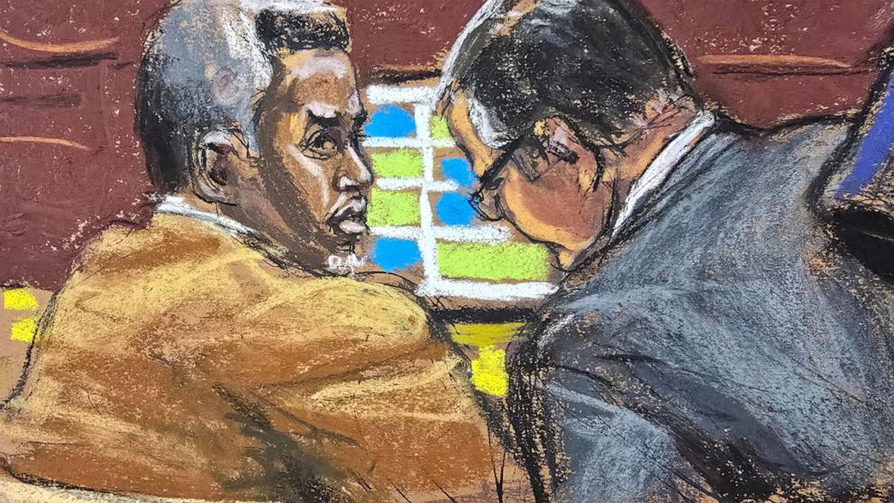 PHOTO: Sean "Diddy" Combs and his defense lawyer Marc Agnifilo watch as Joseph Cerciello is questioned by defense lawyer Teny Geragos during Combs' sex trafficking trial in New York City, June 24, 2025