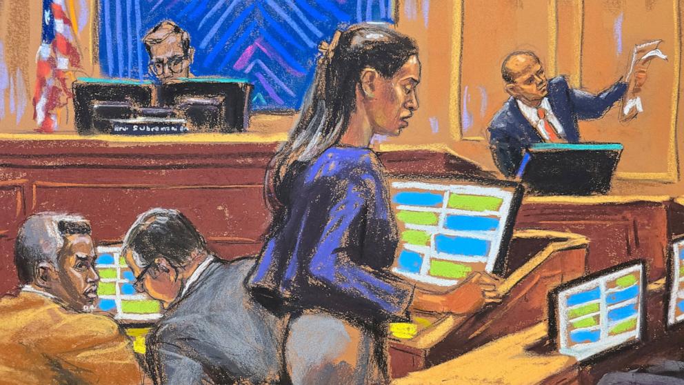 PHOTO: Defense lawyer Teny Geragos questions Joseph Cerciello, as Sean "Diddy" Combs and his defense lawyer Marc Agnifilo watch, during Combs' sex trafficking trial in New York City, June 24, 2025 in this courtroom sketch.