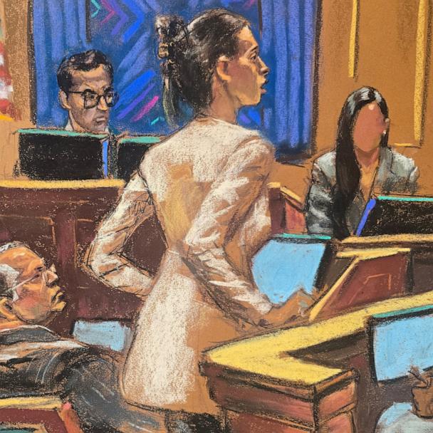 Sean "Diddy" Combs watches as defense attorney Teny Geragos cross examines questions a witness testifying under the pseudonym Jane to protect her privacy, during Combs' sex trafficking trial in New York City, June 10, 2025 in this courtroom sketch.