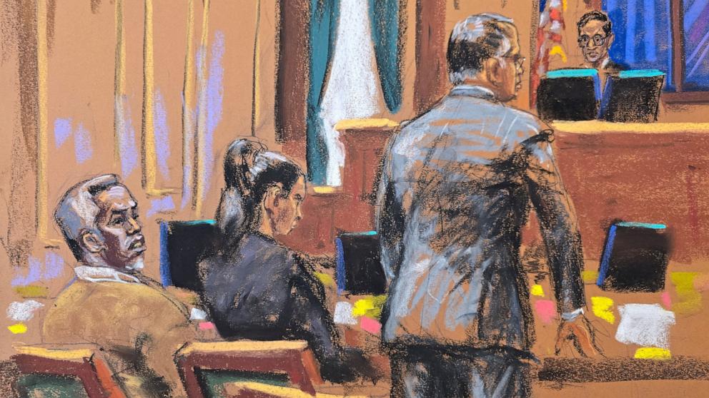 PHOTO: Sean "Diddy" Combs listens as lawyer Marc Agnifilo makes arguments during Combs' sex trafficking trial in New York City, June 13, 2025 in this courtroom sketch.