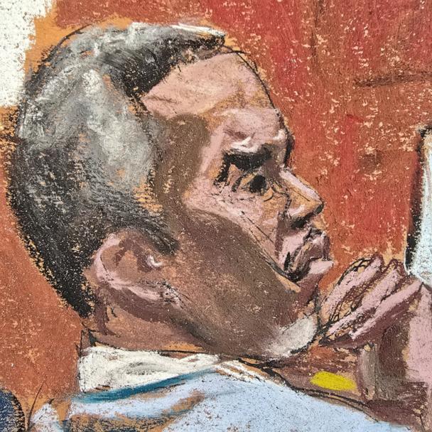 Sean "Diddy" Combs listens as prosecutor Madison Smyser questions witness "Mia" as she testifies in Combs' sex trafficking trial in New York City, May 30, 2025 in this courtroom sketch.