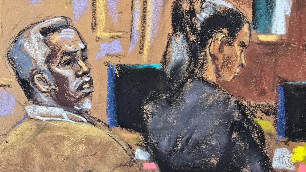 PHOTO: Sean "Diddy" Combs listens as lawyer Marc Agnifilo makes arguments during Combs' sex trafficking trial in New York City, June 13, 2025 in this courtroom sketch.
