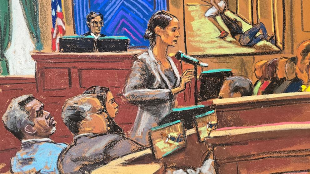 PHOTO: Sean "Diddy" Combs listens alongside his lawyers Marc Agnifilo and Teny Geragos as Assistant Attorney Christy Slavik makes her closing arguments during Combs' sex trafficking trial in New York City, June 26, 2025.