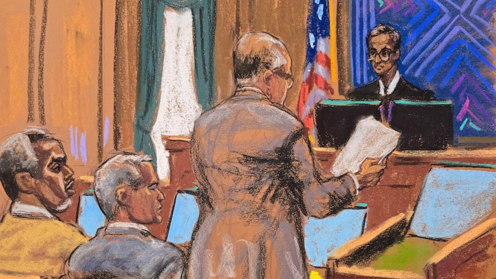 PHOTO: Sean "Diddy" Combs watches as lawyers argue with U.S. District Judge Arun Subramanian how to respond to a note sent by jurors, during Combs' sex trafficking trial in New York City, July 1, 2025 in this courtroom sketch.