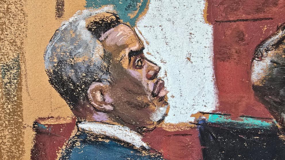PHOTO: Sean "Diddy" Combs watches as Maurene Comey questions "Jane" during Combs' sex trafficking trial in New York City, June 6, 2025 in this courtroom sketch.