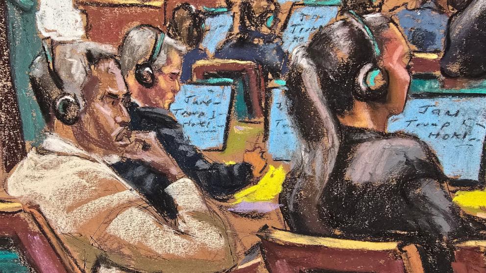 PHOTO: Sean "Diddy" Combs and his defense lawyers Brian Steel and Teny Geragos watch a witness being questioned during Combs' sex trafficking trial in New York City, June 23, 2025 in this courtroom sketch.