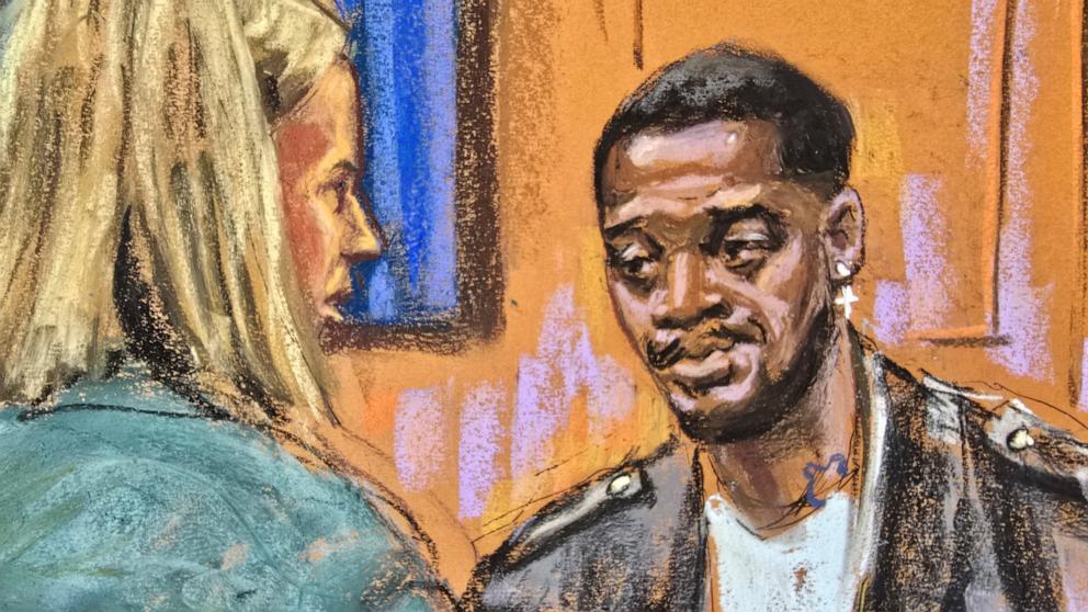 PHOTO: Prosecutor Emily Johnson questions rapper Kid Cudi as he testifies at Sean "Diddy" Combs' sex trafficking trial in New York City, May 22, 2025 in this courtroom sketch.