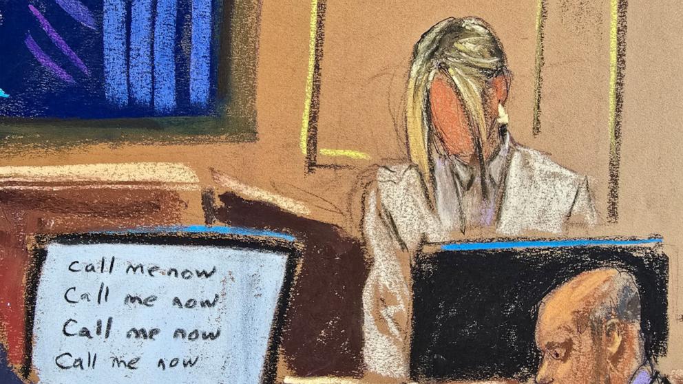 PHOTO: Prosecutor Madison Smyser (not seen) questions witness "Mia" as she testifies in Sean "Diddy" Combs' sex trafficking trial in New York City, May 30, 2025 in this courtroom sketch.