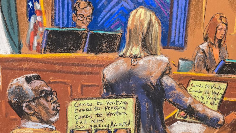 PHOTO: Assistant Attorney Emily Johnson displays text messages between Sean "Diddy" Combs and Casandra "Cassie" Ventura as she questions Special Agent DeLeassa Penland during Combs' sex trafficking trial in New York City, June 17, 2025.