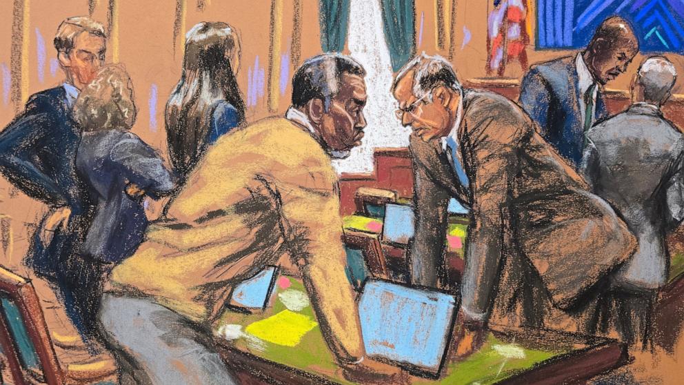 PHOTO: Sean "Diddy" Combs and his attorney Marc Agnifilo discuss with other defense lawyers on how to respond to a new note sent by jurors, during Combs' sex trafficking trial in New York City, July 1, 2025 in this courtroom sketch.