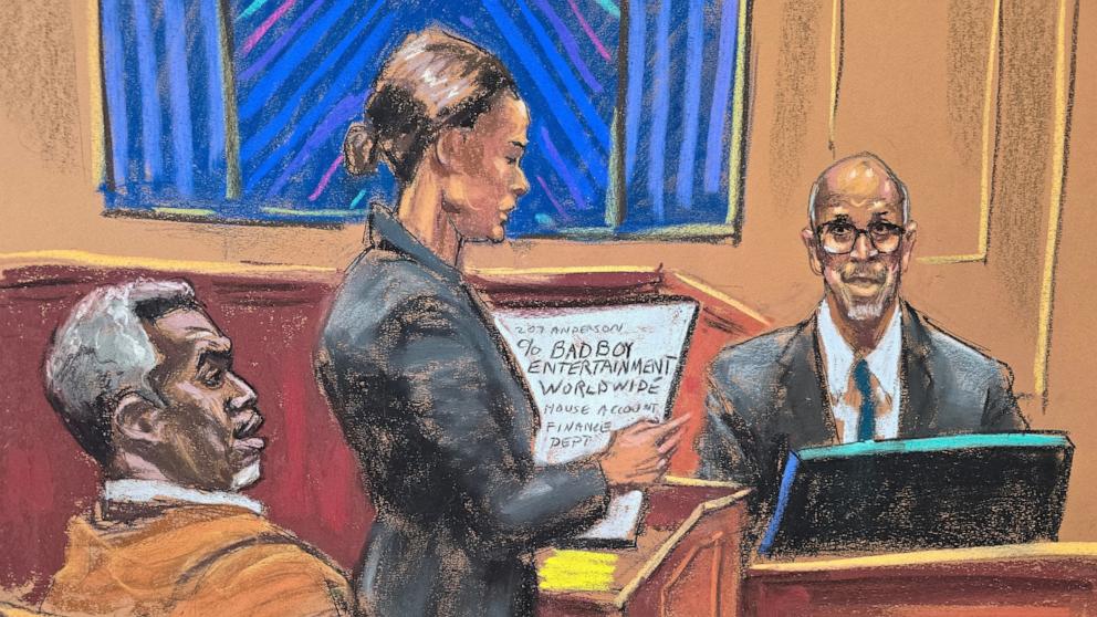PHOTO: Prosecutor Christy Slavik questions Derek Ferguson, the former chief financial officer for Sean "Diddy" Combs' record label Bad Boy Records at Comb's sex trafficking trial in New York City, June 3, 2025 in this courtroom sketch.