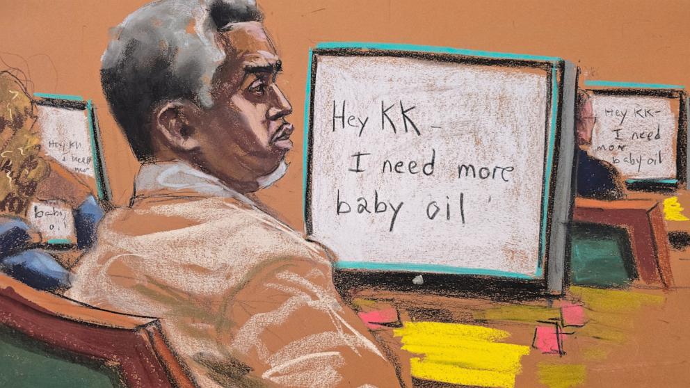 PHOTO: Sean "Diddy" Combs watches proceedings as text messages between him and his former chief of staff Kristina Khorram are shown at Combs' sex trafficking trial in New York City, June 23, 2025 in this courtroom sketch.