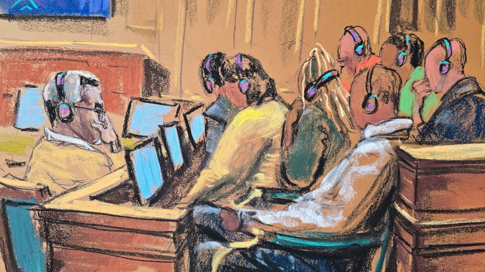 PHOTO: Sean "Diddy" Combs watches sex tapes shown to the jury during Combs' sex trafficking trial in New York City, June 17, 2025 in this courtroom sketch.