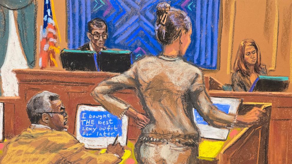 PHOTO: Defense lawyer Teny Geragos cross examines witness Special Agent DeLeassa Penland before U.S. District Judge Arun Subramanian during Sean "Diddy" Combs' sex trafficking trial in New York City, June 17, 2025 in this courtroom sketch.