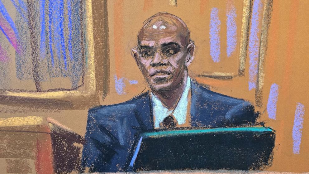 PHOTO: Male exotic dancer Sharay Hayes testifies at Sean "Diddy" Combs' sex trafficking trial in New York City, May 20, 2025 in this courtroom sketch.
