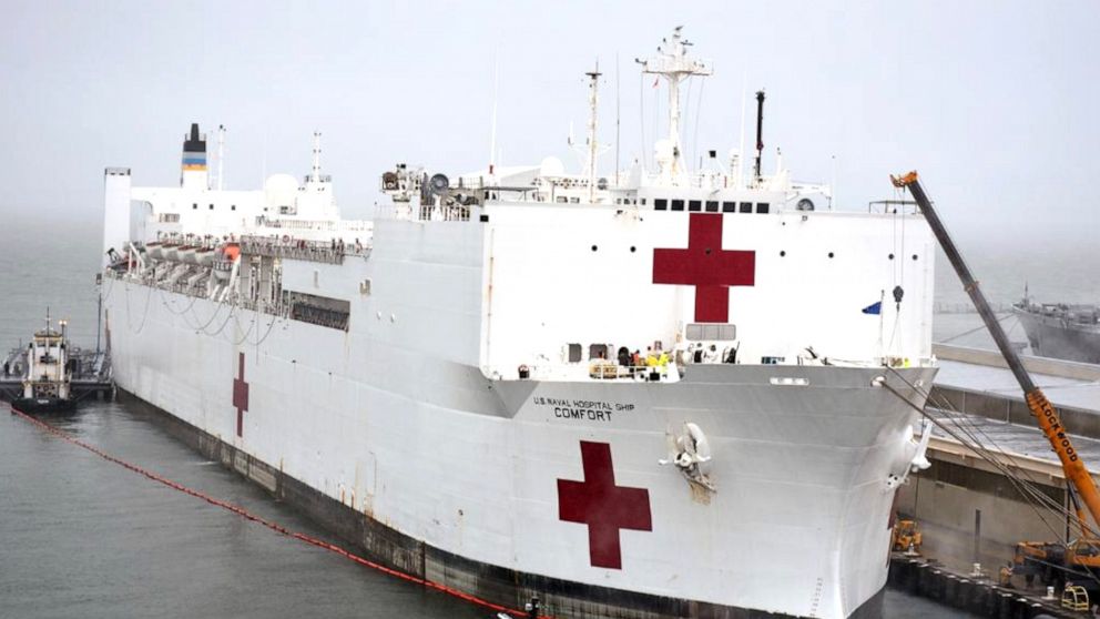 PHOTO: The USNS Comfort takes on fuel and supplies in preparation to deploy in support of the nation's coronavirus outbreak, March 25, 2020.