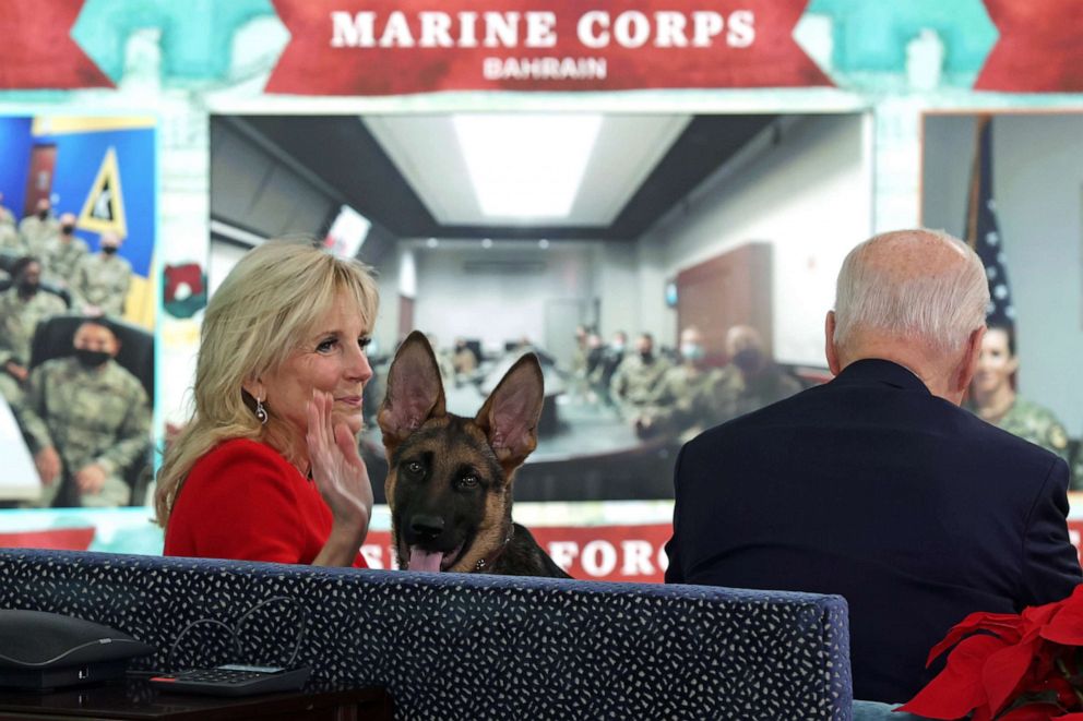 PHOTO: President Joe Biden and first lady Dr. Jill Biden participate in a virtual event to meet with members from the six U.S. military service branches serving around the world, Dec. 25, 2021 in Washington, DC.