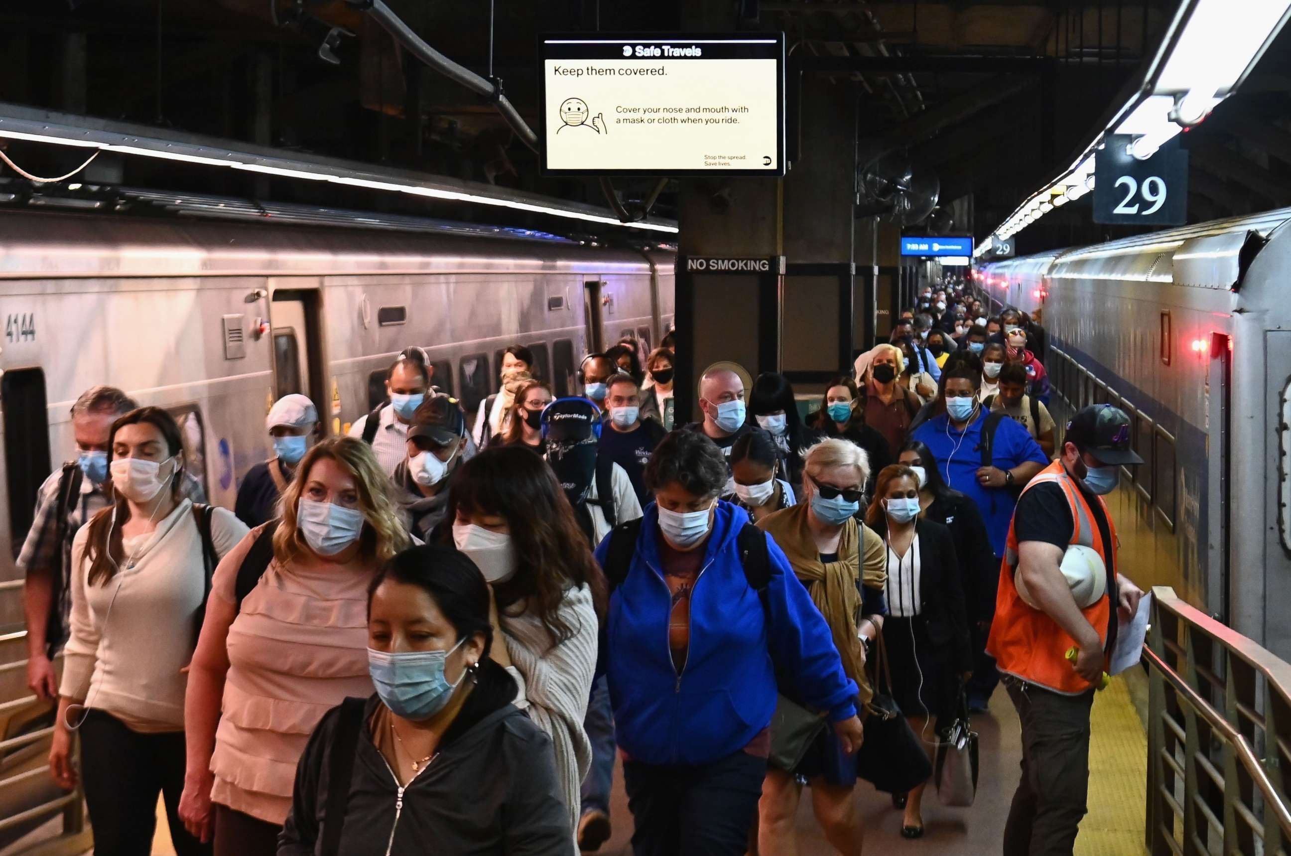PHOTO: Commuters arrive at Grand Central Station with Metro-North during morning rush hour in New York City on June 8, 2020.