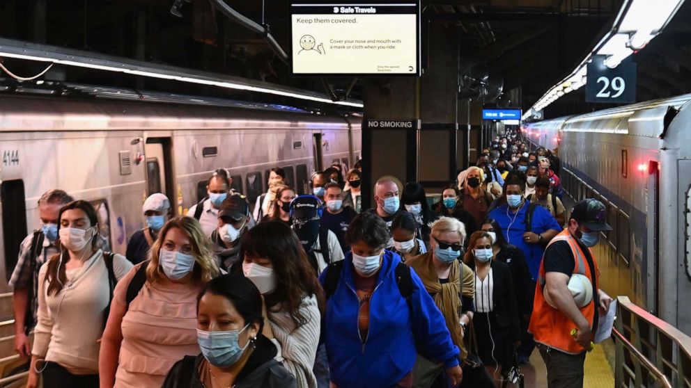 PHOTO: Commuters arrive at Grand Central Station with Metro-North during morning rush hour in New York City on June 8, 2020.