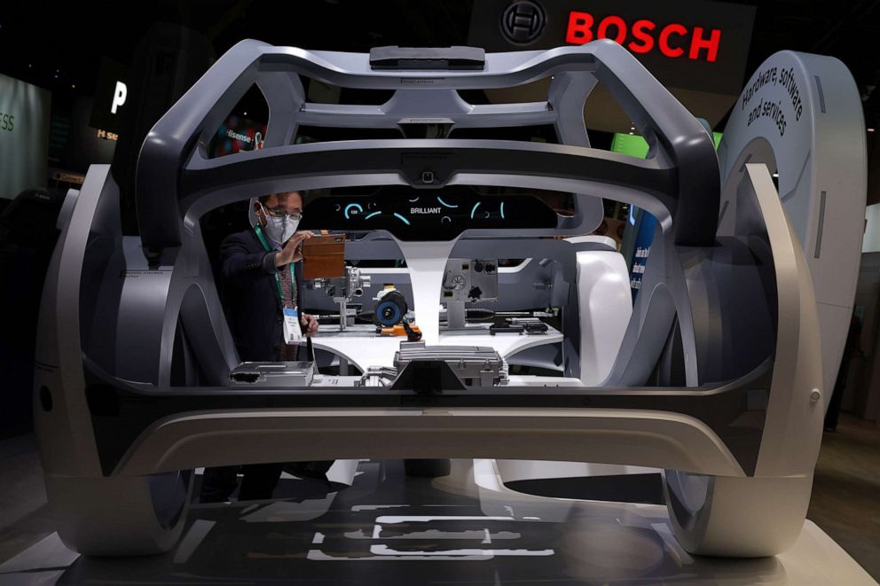 PHOTO: Components for automated, connected, and electrified vehicles produced by Bosch are displayed in a mock vehicle at the Bosch booth at the consumer technology trade show CES 2022 on Jan. 5, 2022 in Las Vegas. 