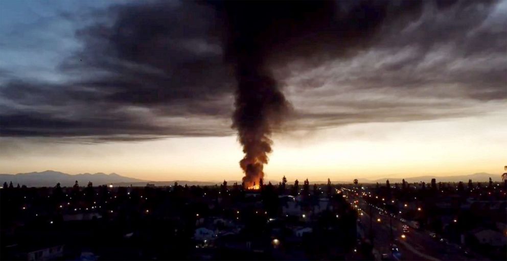 PHOTO: A fire started around 4:30 a.m. at an industral complex in Compton, Calif., Feb. 26, 2021. 