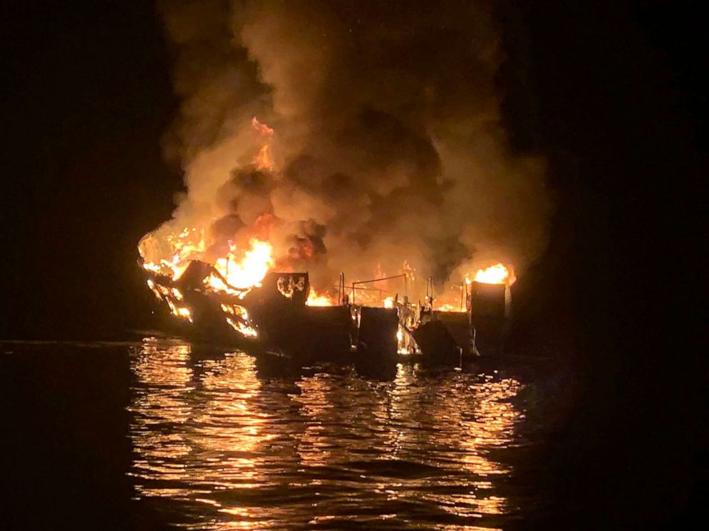 PHOTO: The dive boat Conception is engulfed in flames after a deadly fire broke out aboard the commercial scuba diving vessel off the Southern California Coast, Sept. 2, 2019.