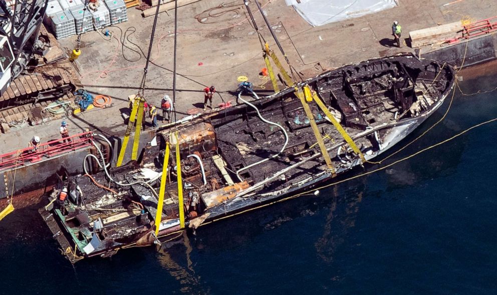 PHOTO: The burned hull of the Conception is brought to the surface by a salvage team off Santa Cruz Island in the Santa Barbara Channel in Southern California, Sept. 12, 2019.