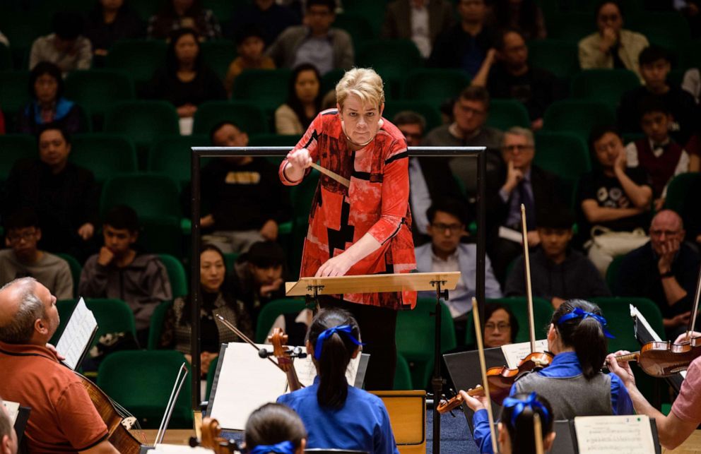 PHOTO: In this picture taken on February 20, 2019, US conductor Marin Alsop (top C), 62, conducts the Sao Paulo Symphony Orchestra.