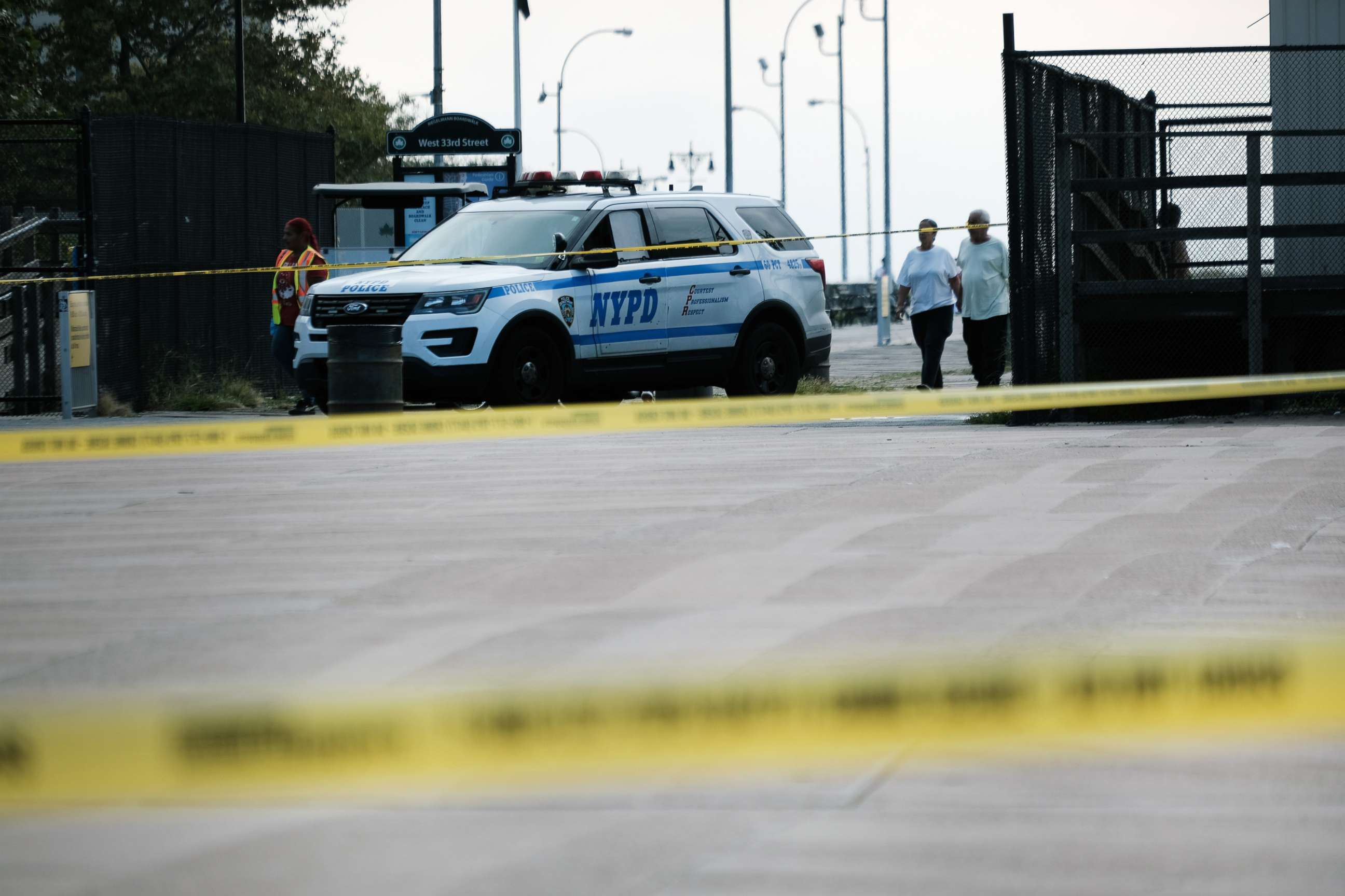 PHOTO: Police work along a stretch of beach at Coney Island which is now a crime scene after a mother is suspected of drowning her children in the ocean on Sept. 12, 2022, in the Brooklyn, New York.