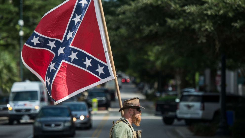 PHOTO: A Confederate flag supporter arrives at the South Carolina Statehouse on July 10, 2017 in Columbia, S.C.