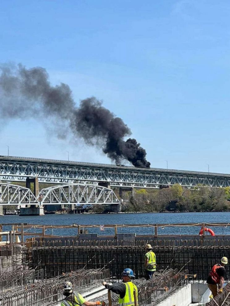 PHOTO: The Gold Star Bridge in Groton, Conn., is shut down after a fuel tanker truck rolled over, on April 21, 2023.