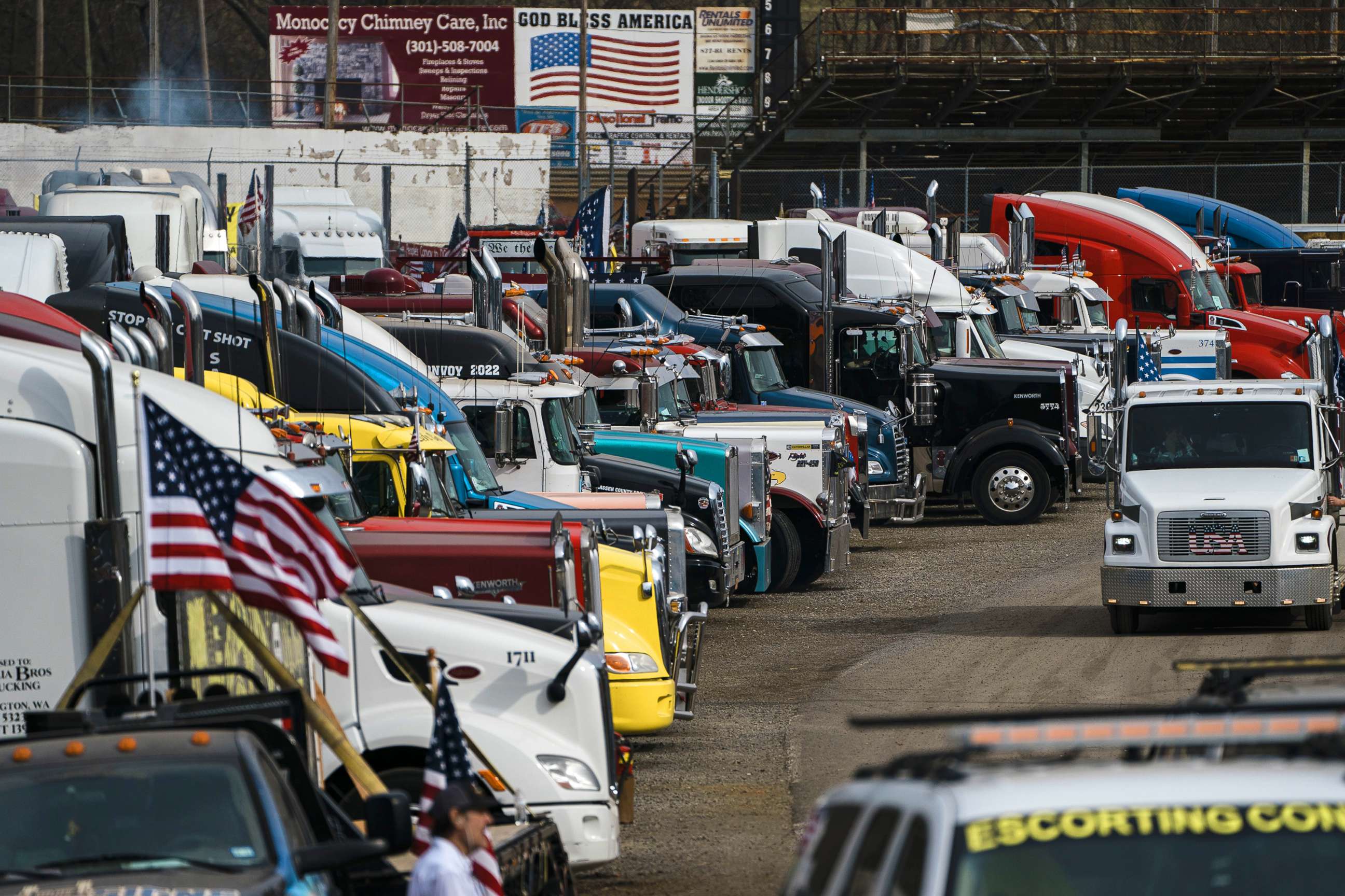 PHOTO: Members of the "People's Convoy" get ready to depart at the Hagerstown Speedway, March 7, 2022, in Hagerstown, Md.