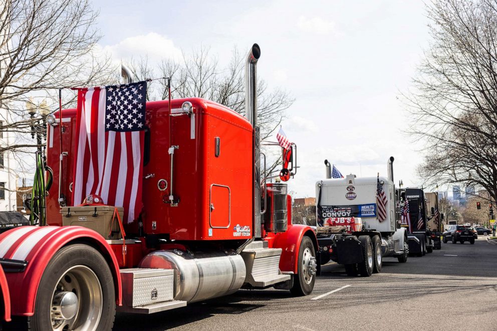 PHOTO: Trucks from 'The People's Convoy' drive into downtown Washington, .D.C, March 18, 2022. 