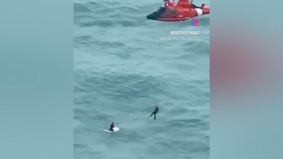 PHOTO: U.S. Coast Guard Air Station Miami 65 helicopter crew rescued a man clinging to a cooler approximately 30 miles off Longboat Key, Fla., Oct. 9, 2024. 