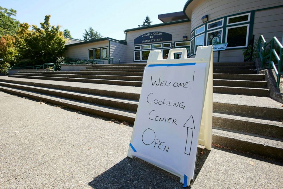 PHOTO: A sign welcomes people to a cooling center at the Charles Jordan Community Center in Portland, Ore., July 26, 2022.