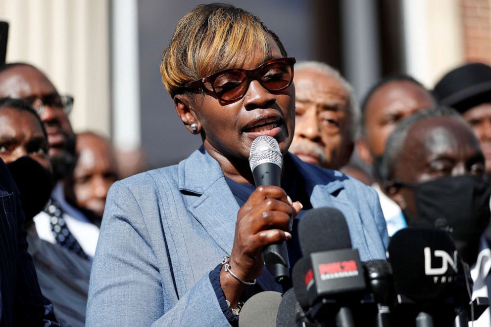 Wanda Cooper-Jones, mother of Ahmaud Arbery, speaks to at a news conference outside the Glynn County Courthouse while Greg McMichael, his son Travis McMichael and William "Roddie" Bryan are tried for the killing of her son,in Brunswick,Ga., Nov. 18, 2021.