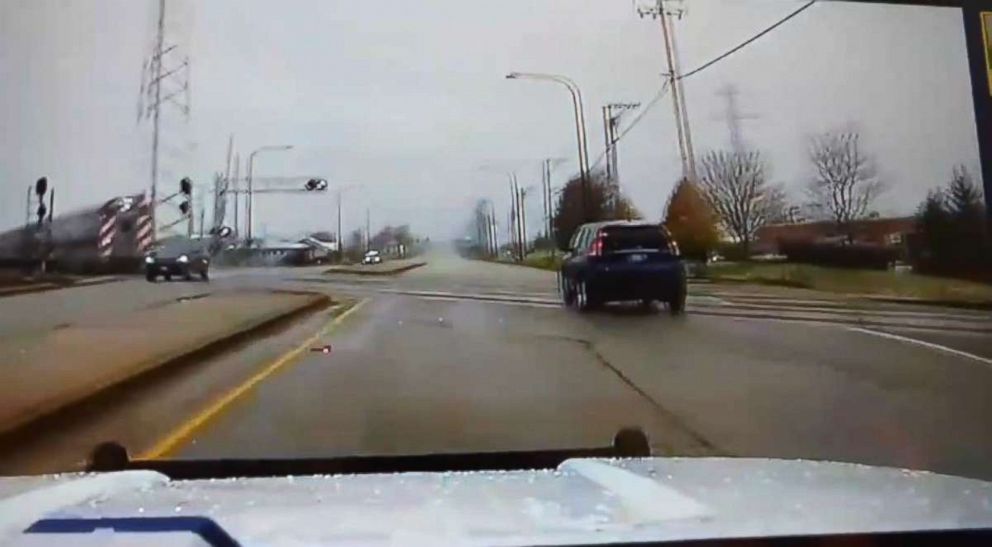 PHOTO: A police officer in Mokena, Ill., narrowly avoided tragedy when he swerved to avoid being hit by a commuter train due to a technical malfunction in November 2018.